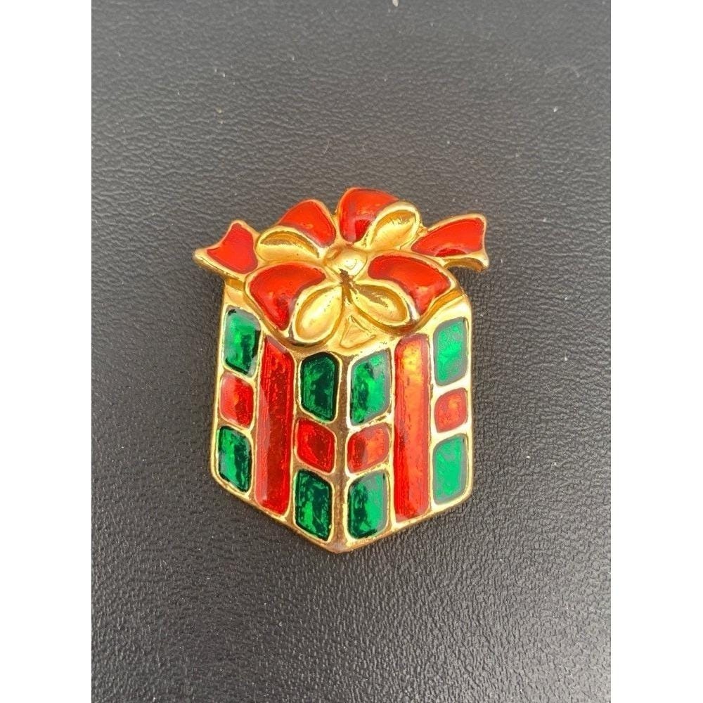 Vintage AAI Christmas Gift present enamel gold tone Brooch